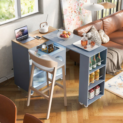 Grey-Blue Rolling Kitchen Island With Extended Table