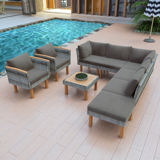 9-Piece Rattan Set With Acacia Wood Legs & Table