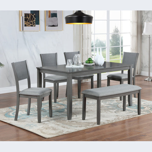 6 Piece Rectangular Wooden Dining Set With 4 Upholstered Chairs And A Bench in Grey