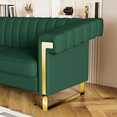 Modern Green PU Sofa With Gold Accents - Sleek Channel-Tufted Upholstery, 3-Seat Couch For Living Room And Office DecorTEMU Suitabl