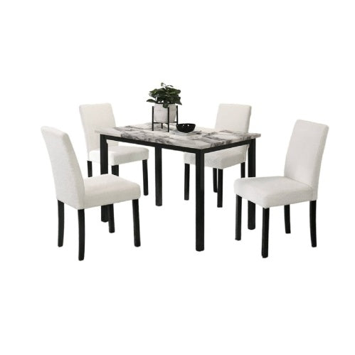 White Wool Fabric Chairs with Faux Marble Top Table 5pc Dining Set