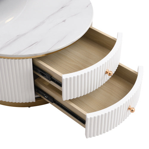 Modern 2-piece White and Gold Circular Nesting Coffee Table With Drawers