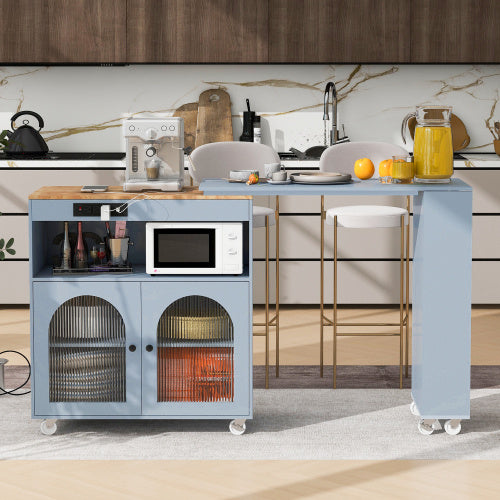 Grey-Blue Rolling Kitchen Island With Extended Table