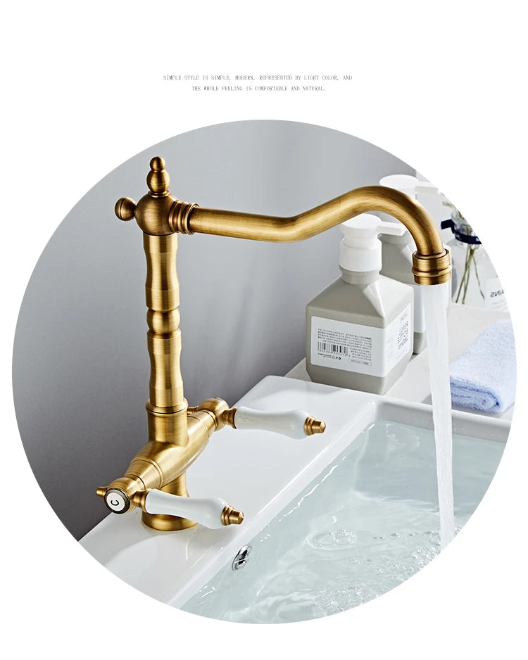 Faucet for Kitchen Dual Handle Antique Brass Retro Faucet 360 Degree Rotation Kitchen Sink Taps Deck Mounted Bathroom Sink Mixer