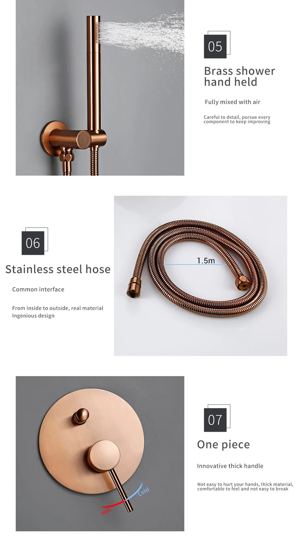 Brushed Rose Gold Shower Sets Brass Hot Cold Bathroom Faucet Mixer Tap Wall Mount Arm With Diverter, Handheld, Rian Shower Head