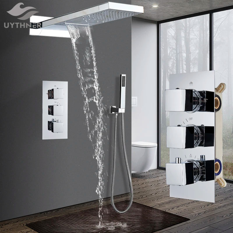 Luxury Waterfall Rainfall Shower Faucet Thermostat Valve Mixers Wall Mounted Thermostatic Shower Set With Handshower