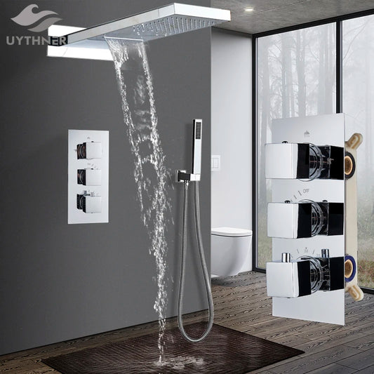 Luxury Waterfall Rainfall Shower Faucet Thermostat Valve Mixers Wall Mounted Thermostatic Shower Set With Handshower