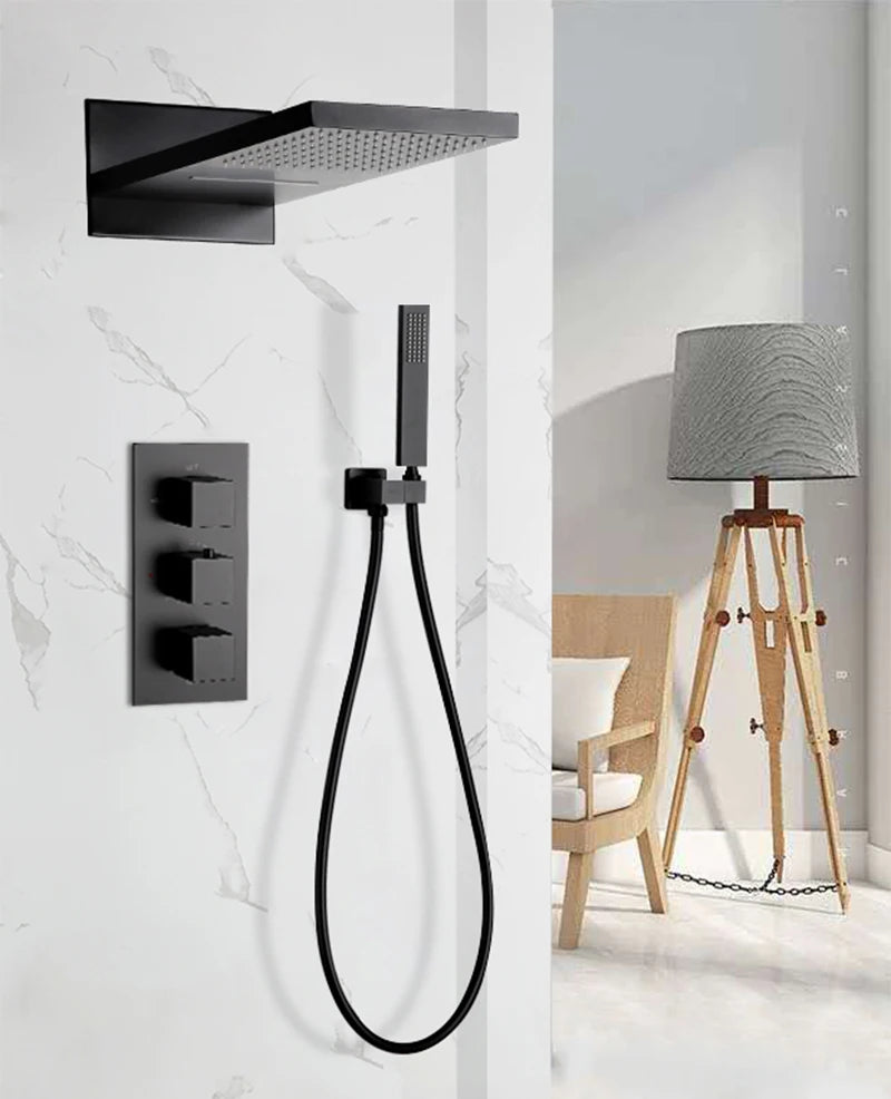 Black Thermostatic Shower Faucets Set Rain Waterfall Shower Head With 3/4-way Thermostatic Mixer Tap Bath Shower Faucet