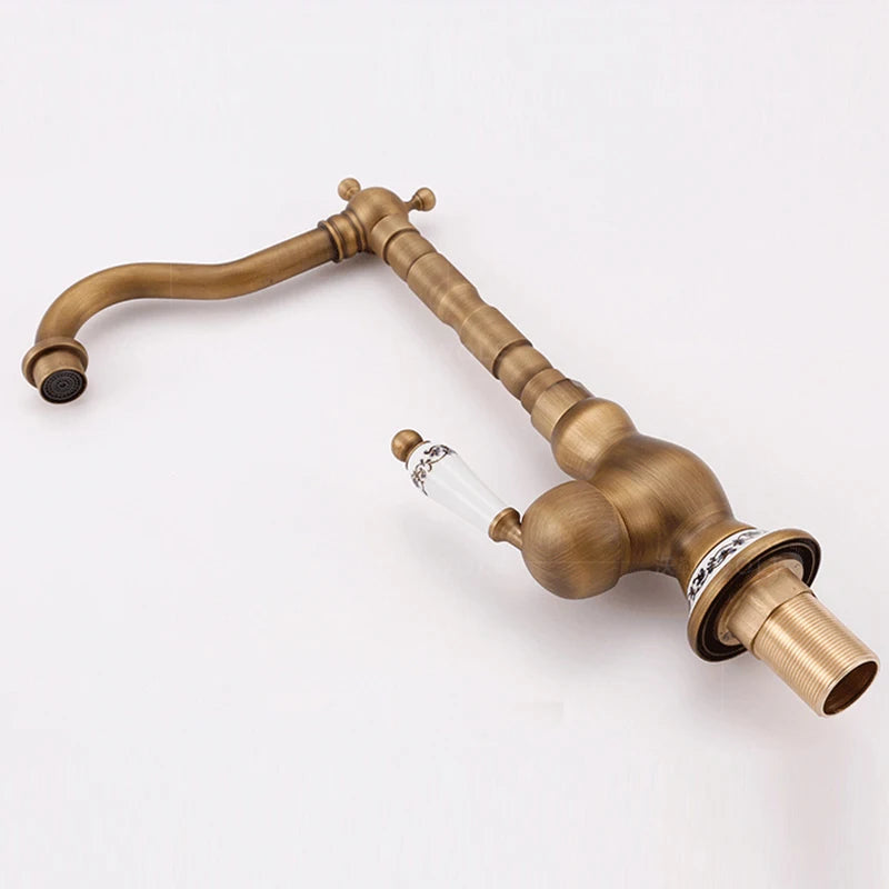 Antique Brass Ceramic Handle Basin Faucet Antique Rotatble Bathroom Faucet  Kitchen Faucet  Hot Cold Mixer Crane Kitchen Faucet