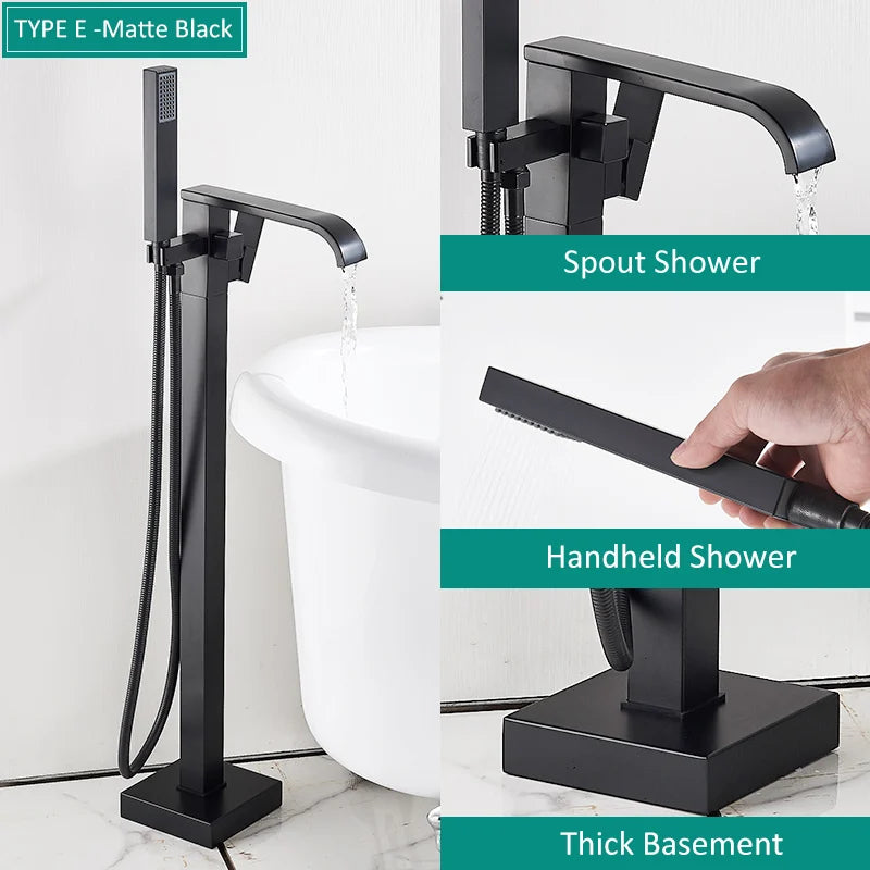 Quyanre Matte Black Square Bathtub Shower Faucets Floor Standing Faucet Hot Cold Water Shower Mixer Tap Bathroom Waterfall Mixer
