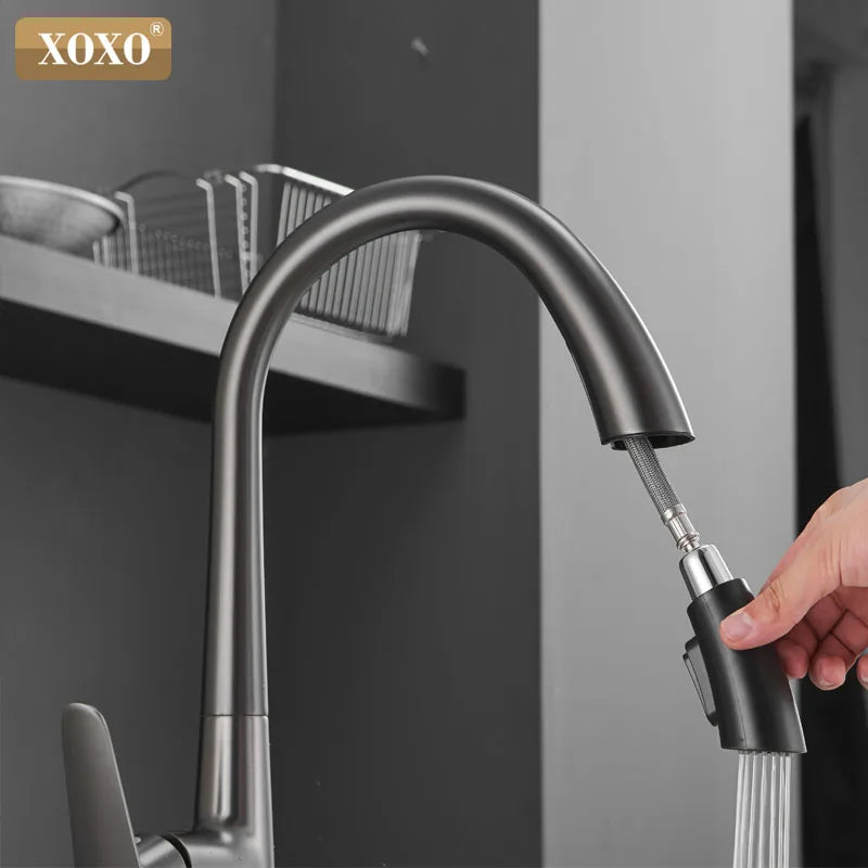 XOXO Kitchen Faucets Black Single Handle Pull Out Kitchen Tap Single Hole Handle Swivel 360 Degree Water Mixer Tap 83042QH