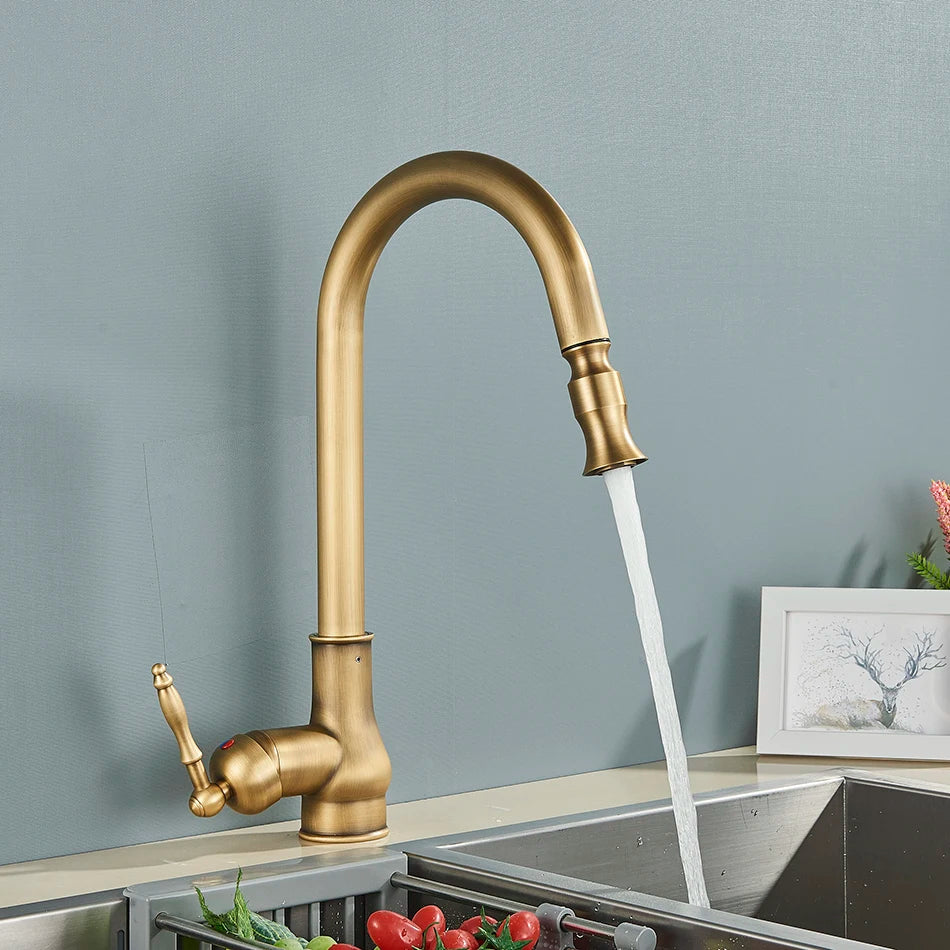 Uythner Antique Brass Kitchen Faucet Pull Out Kitchen Sink Water Taps Single Handle Mixer Tap 360 Rotation Cranes Deck Mounted