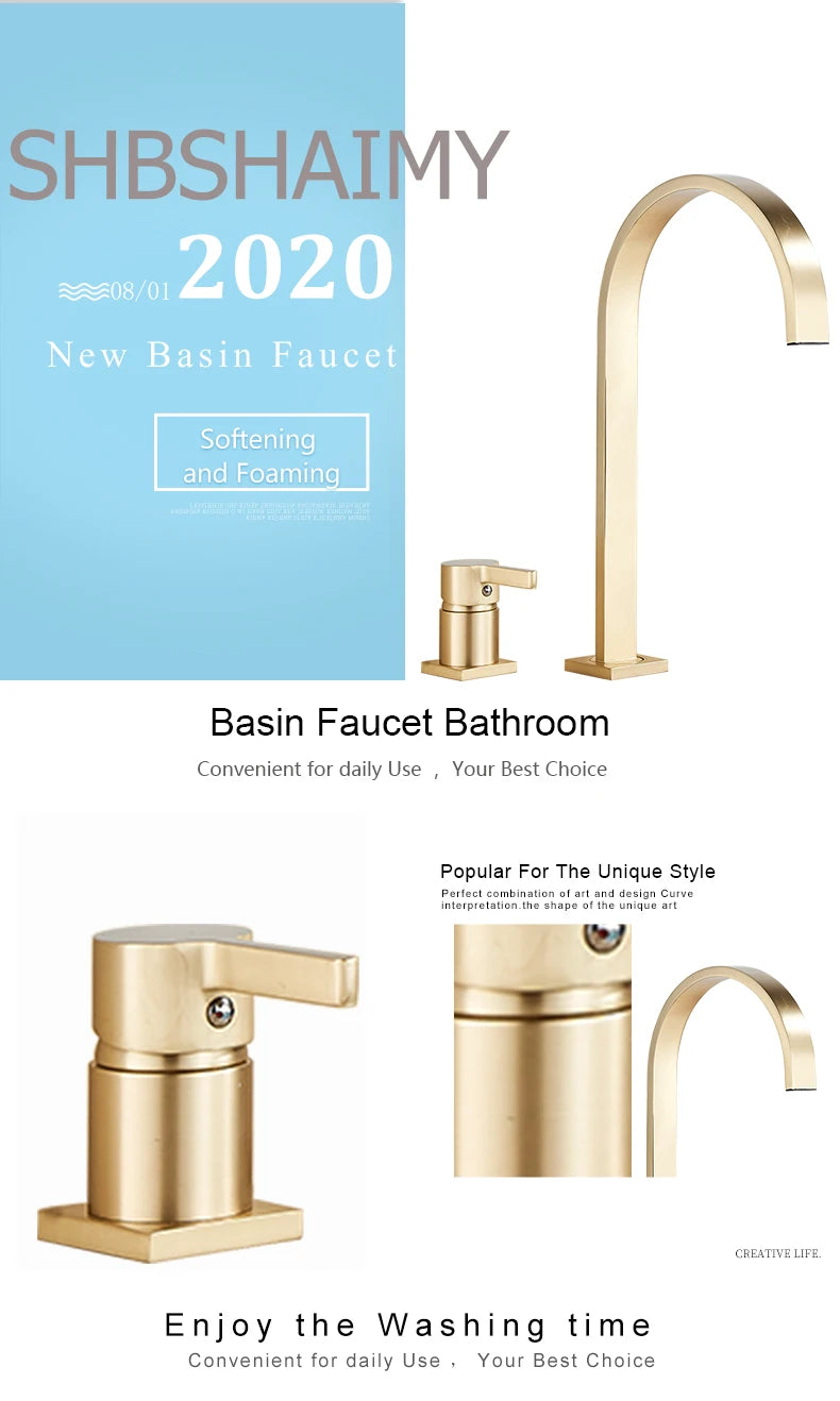 SHBSHAIMY Brushed Golden Basin Faucet Single Handle Widespread Sink Faucet Bathroom Mixer Tap Wide Spout Vessel Hot Cold Water