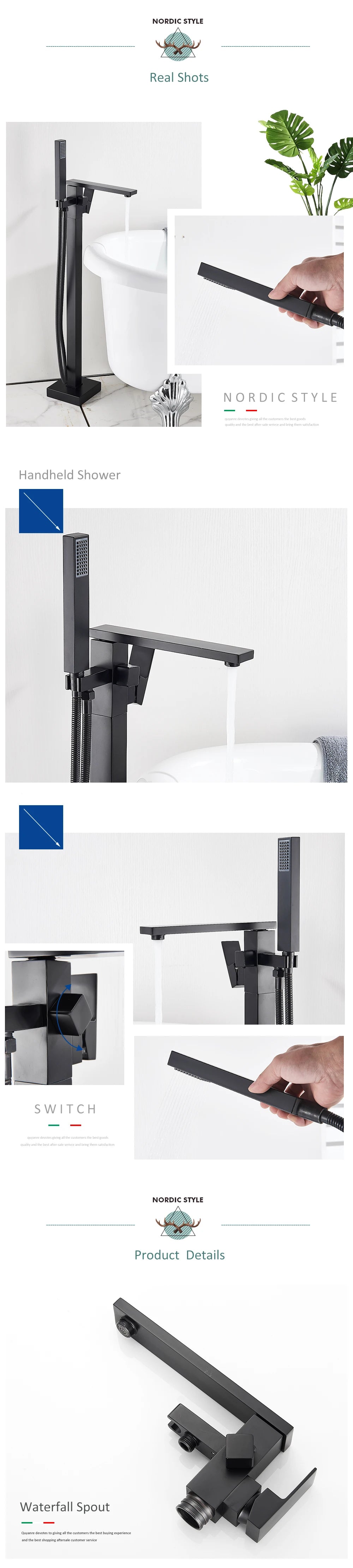Quyanre Matte Black Square Bathtub Shower Faucets Floor Standing Faucet Hot Cold Water Shower Mixer Tap Bathroom Waterfall Mixer