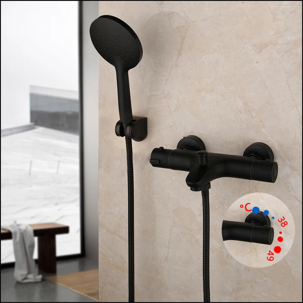 Monite Wall Mounted Thermostatic Mixer Taps Matte Black Shower Faucet Set Exposed Bathtub Basin Sink Faucet Hand Shower Set