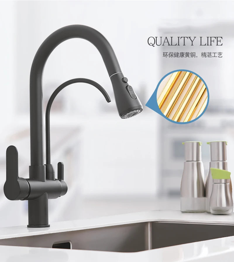 Black Gold Pure Water Faucet Spout Pull Out Dual Water Modes Kitchen Purification Sink Faucet  Kitchen Filtered Crane