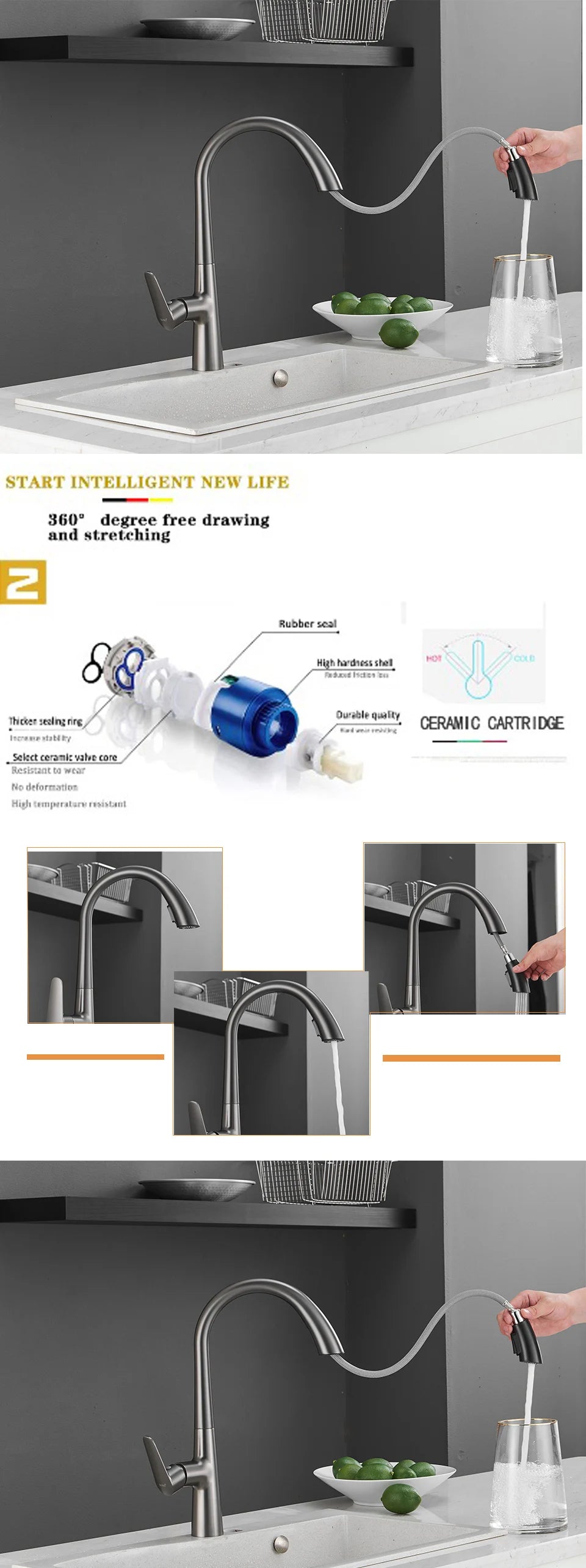 XOXO Kitchen Faucets Black Single Handle Pull Out Kitchen Tap Single Hole Handle Swivel 360 Degree Water Mixer Tap 83042QH