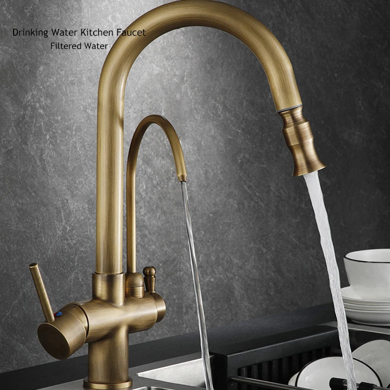 Filtered Pure Water Kitchen Faucet Deck Mount Antique Brass Faucet