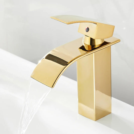 Basin Faucet Gold Waterfall Faucet Bathroom Faucet Deck Mounted Bathroom Toilet Basin Faucet Mixer Tap Hot and Cold Sink Faucet