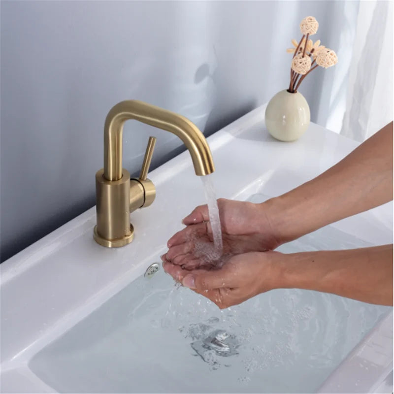 Bathroom Faucet  Brushed Gold Bathroom Basin Faucet Cold And Hot Sink Mixer Sink Tap Single Handle Deck Mounted Water Tap