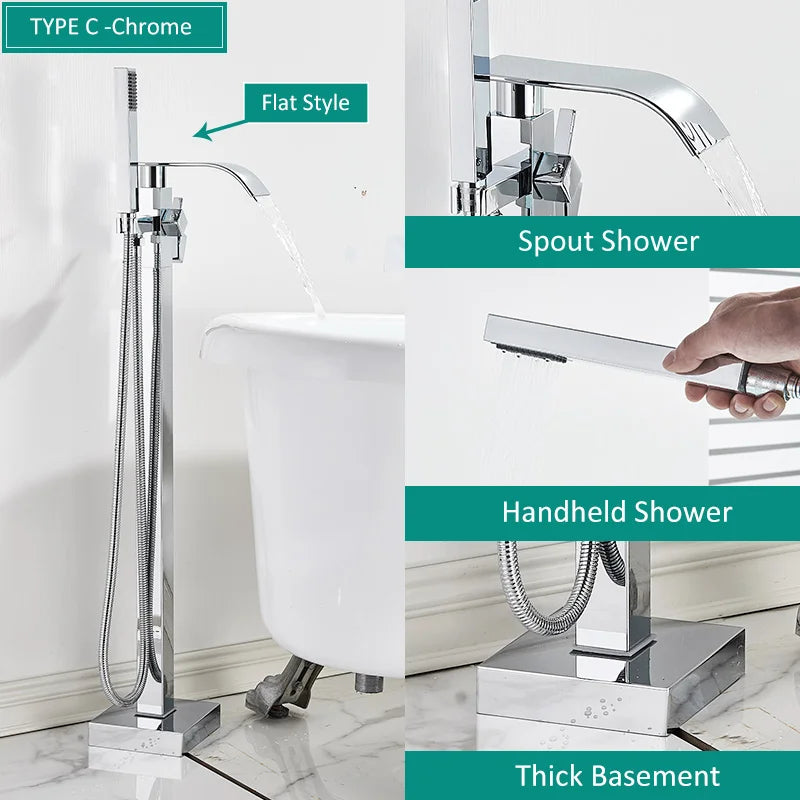 Quyanre Matte Black Square Bathtub Shower Faucets Floor Standing Faucet Hot Cold Water Shower Mixer Tap Bathroom Waterfall Mixer
