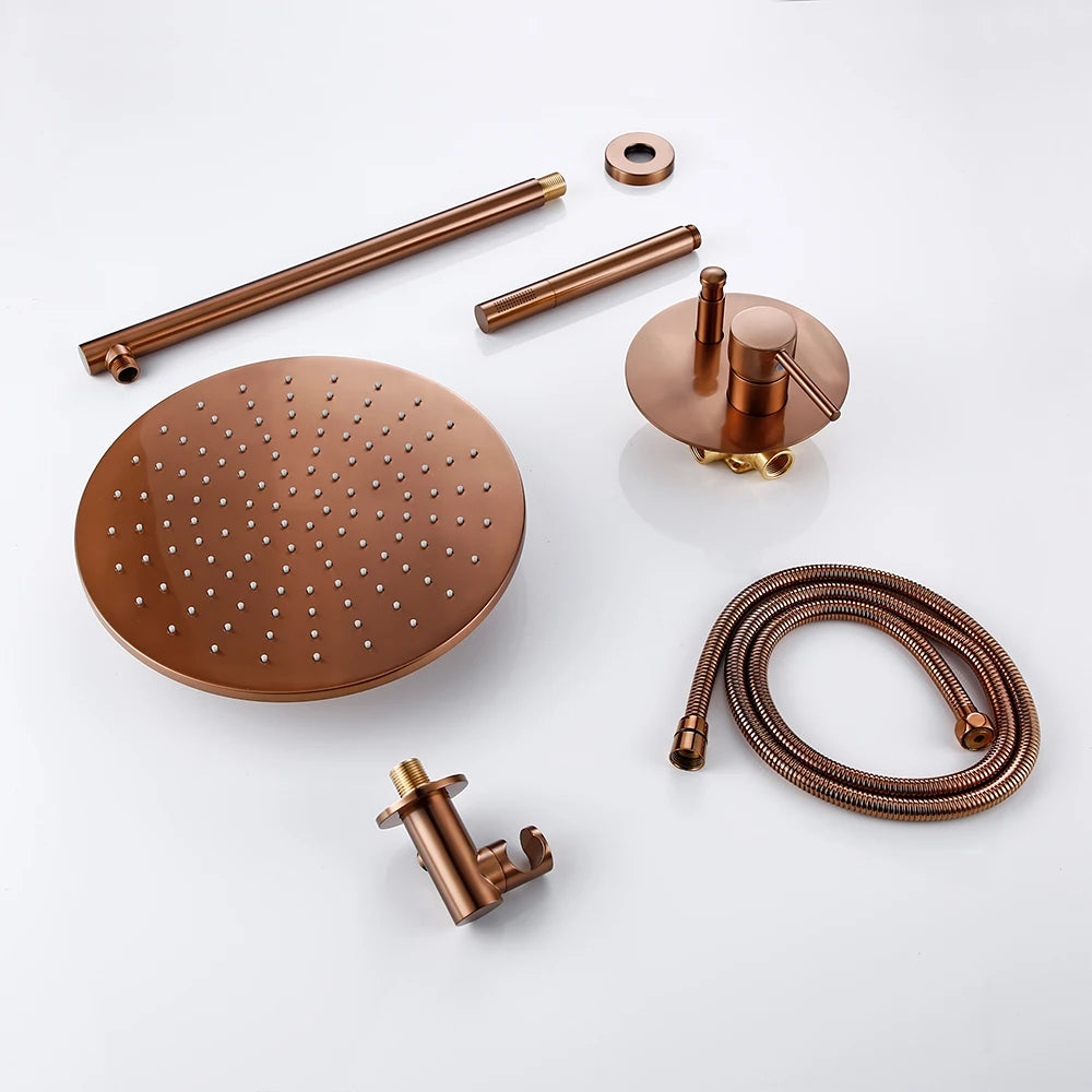 Brushed Rose Gold Shower Sets Brass Hot Cold Bathroom Faucet Mixer Tap Wall Mount Arm With Diverter, Handheld, Rian Shower Head