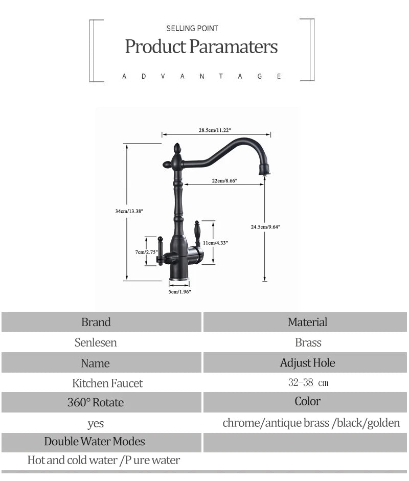 Golden Kitchen Filter Faucet Brass 360 Rotation Purification Kitchen Faucet Double Handle Dual Water Mode Hot Cold Mixer Taps