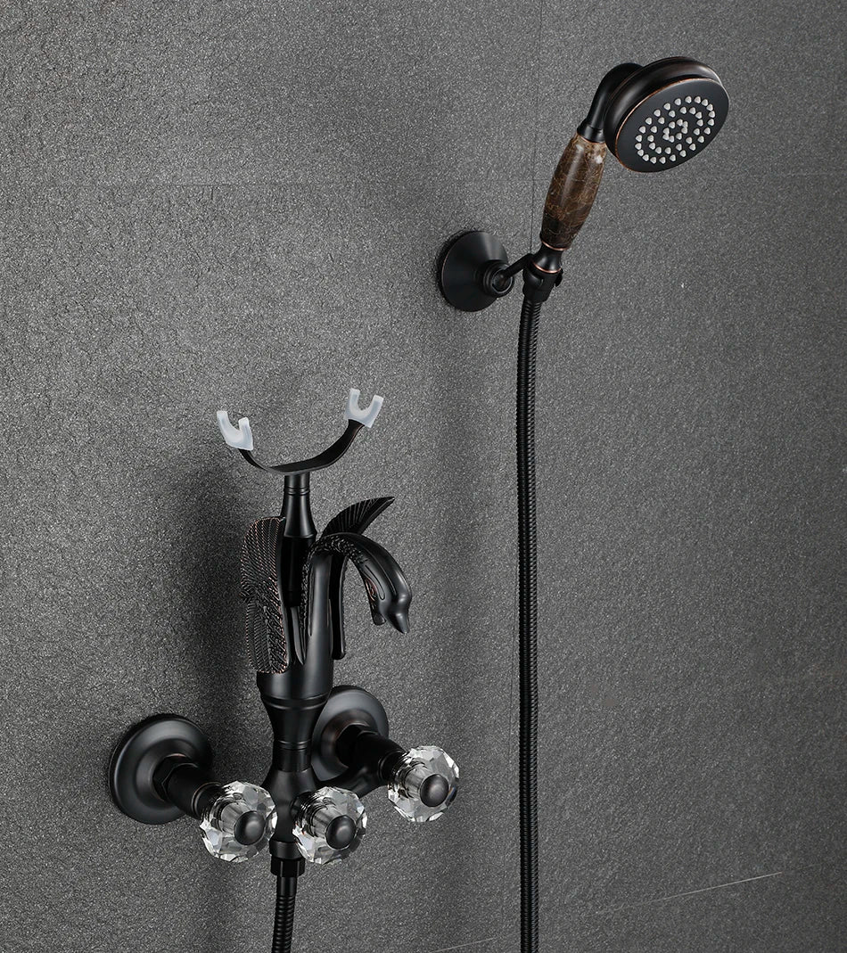 Luxury Golden Bathroom Swan Bathtub Faucet Wall Mounted Cold Hot Water Bath Shower Mixer Tap Brass Handshower Crystal handwheel