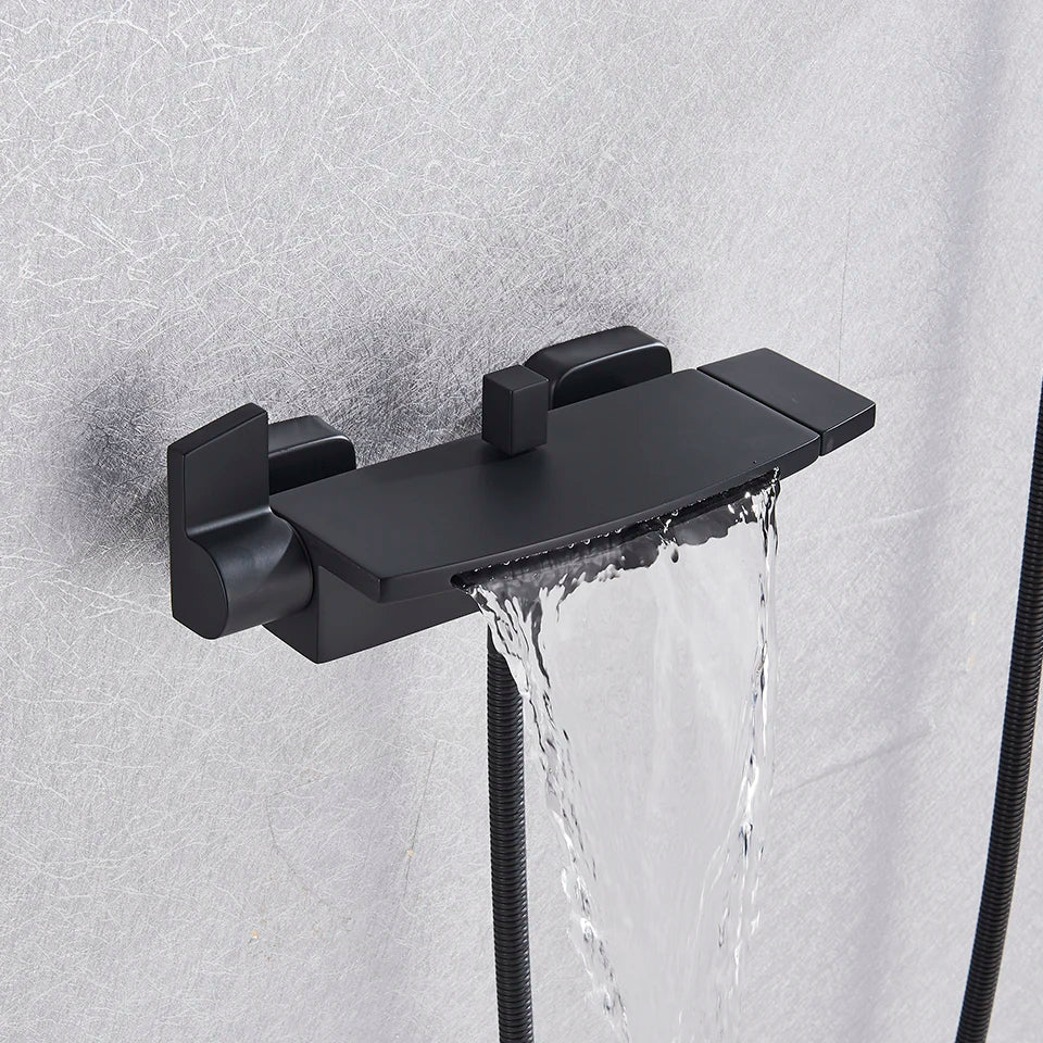 Bathroom Tub Faucet Single Handle Waterfall Spout Mixer Tap with Hand Shower Wall Mounted Bath Faucet Bathtub Faucet Water Mixer