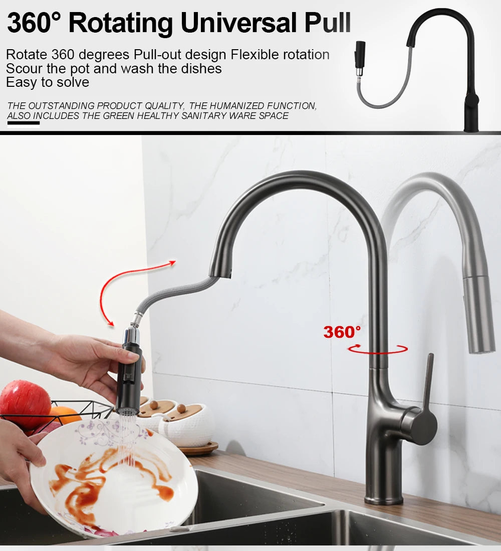 Deck Mounted Kitchen Faucet Pull Out Mixer Tap Bagnolux Gun Gray Brass Two Function Single Handle Hot and Cold Water Crane