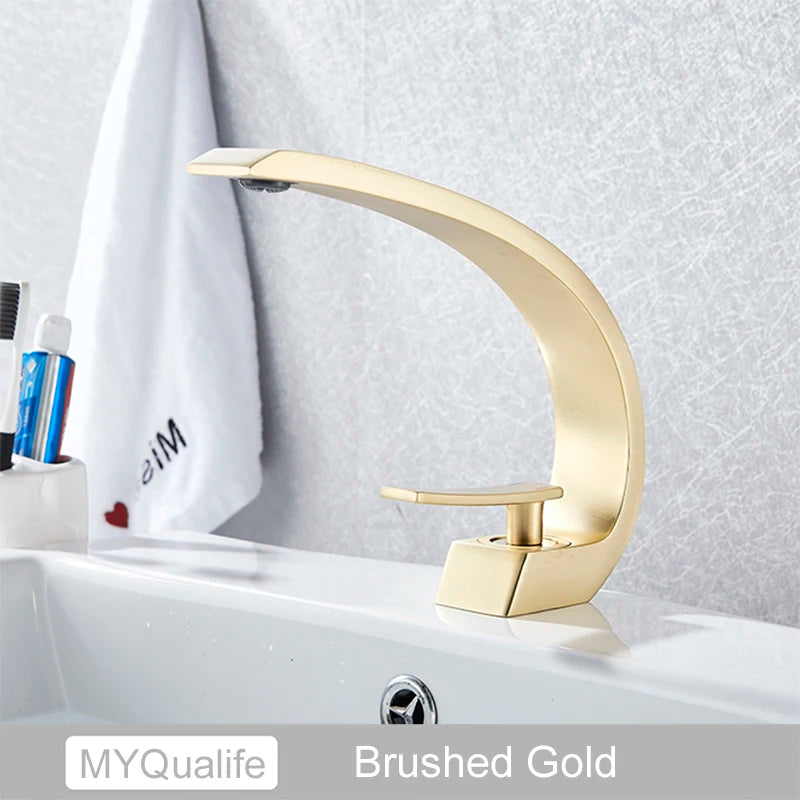 MYQualife Creative Design Brushed Gold Basin Faucet  Washing Basin Mixer Deck Mounted Cold and Hot Bathroom Faucet