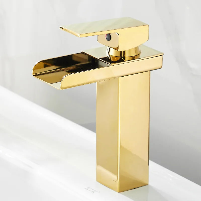Basin Faucet Gold Waterfall Faucet Bathroom Faucet Deck Mounted Bathroom Toilet Basin Faucet Mixer Tap Hot and Cold Sink Faucet