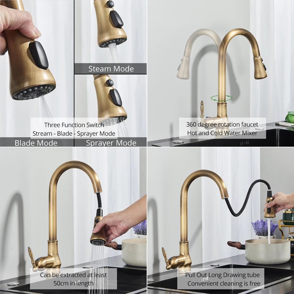 Uythner Antique Brass Kitchen Faucet Pull Out Kitchen Sink Water Taps Single Handle Mixer Tap 360 Rotation Cranes Deck Mounted