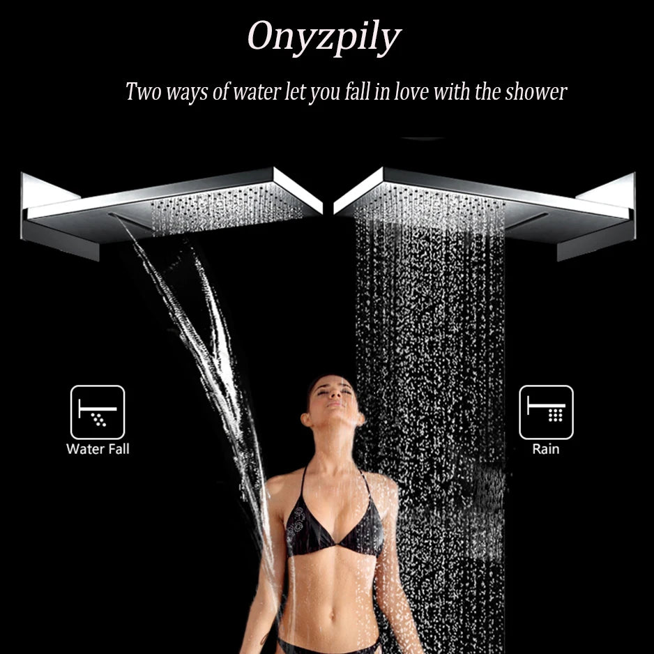 Black Thermostatic Shower Faucets Set Rain Waterfall Shower Head With 3/4-way Thermostatic Mixer Tap Bath Shower Faucet