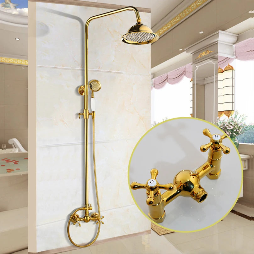 YANKSMART Gold Polished Bathroom Shower System Faucet Set Wall Mounted 3 Functions Rainfall Round Showers Head Mixer Water Tap