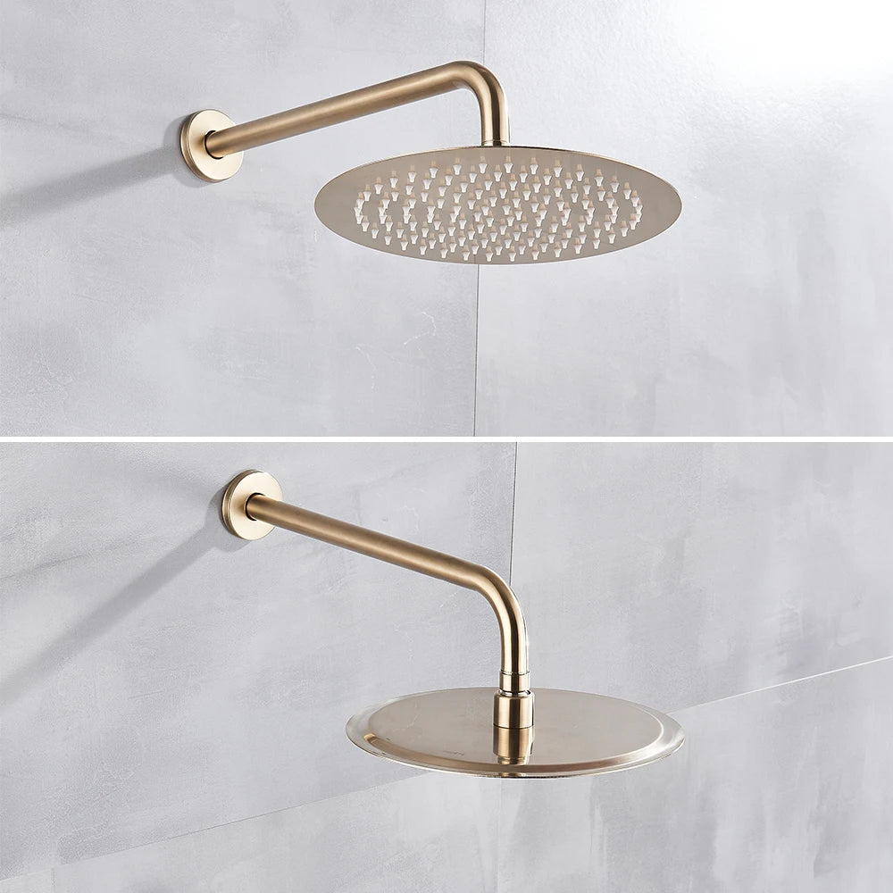 Brushed Gold Shower Faucet Set Round Brass Bathroom Wall Mount Rotate Tub Spout  Rainfall Head 3 Ways Mixer Tap