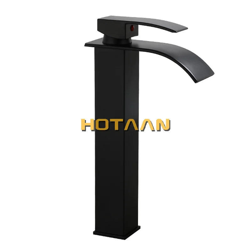 Waterfall Brass Basin Faucet Deck Mounted Single Lever Single Hole Cold&Hot Bathroom Basin Mixer Black Plated Tap