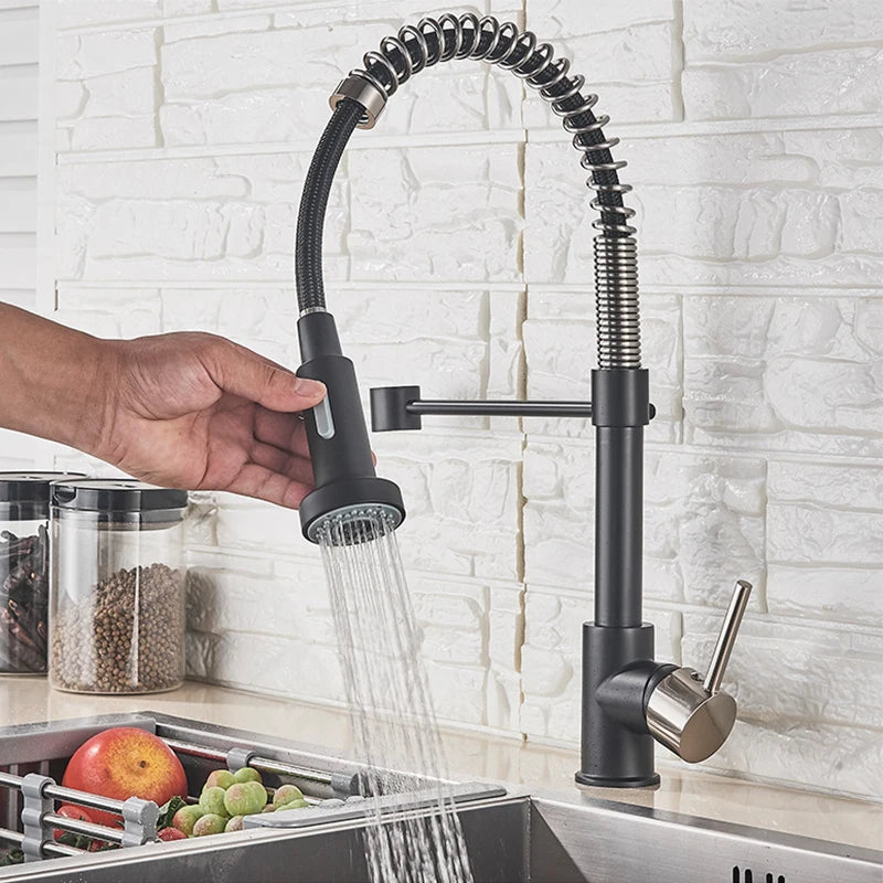 Kitchen Faucet Pull Out Stream Sprayer Deck Mounted Matte Black Mixer Tap 360 Degree Rotation  Kitchen Sink Hot Cold Taps