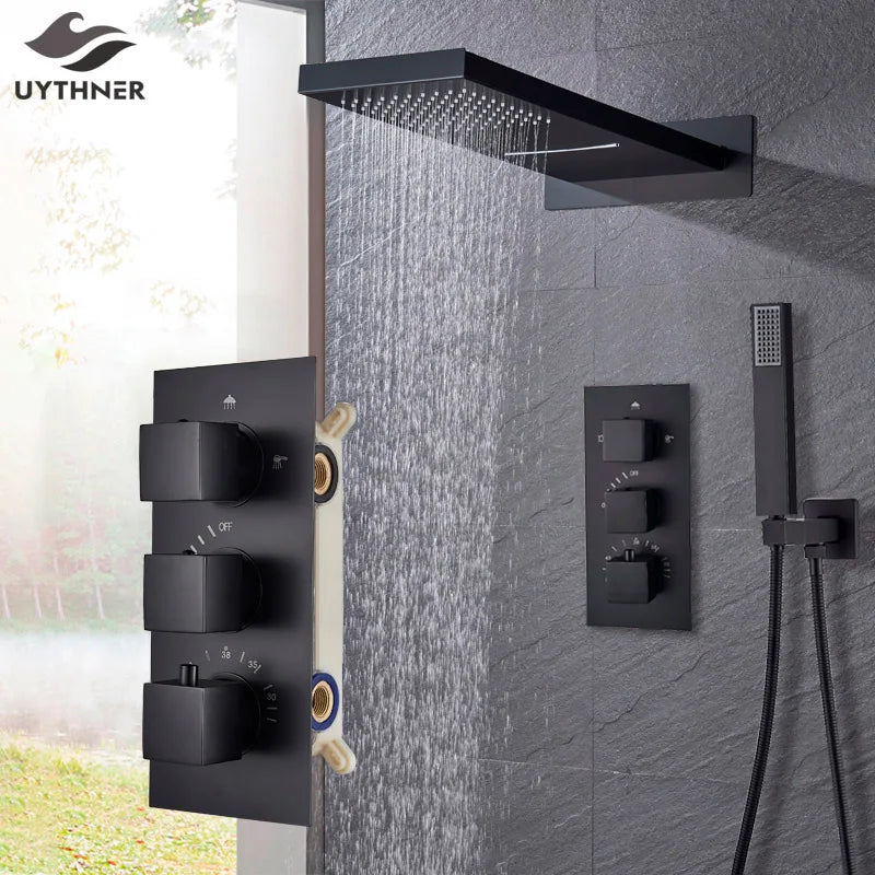 Luxury Waterfall Rainfall Shower Faucet Thermostat Valve Mixers Wall Mounted Thermostatic Shower Set With Handshower