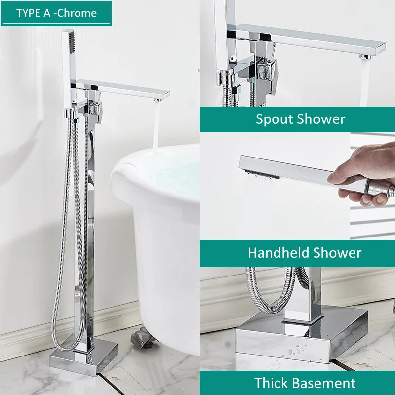 Quyanre Matte Black Square Bathtub Shower Faucets Floor Standing Faucet Hot Cold Water Shower Mixer Tap Bathroom Waterfall Mixer
