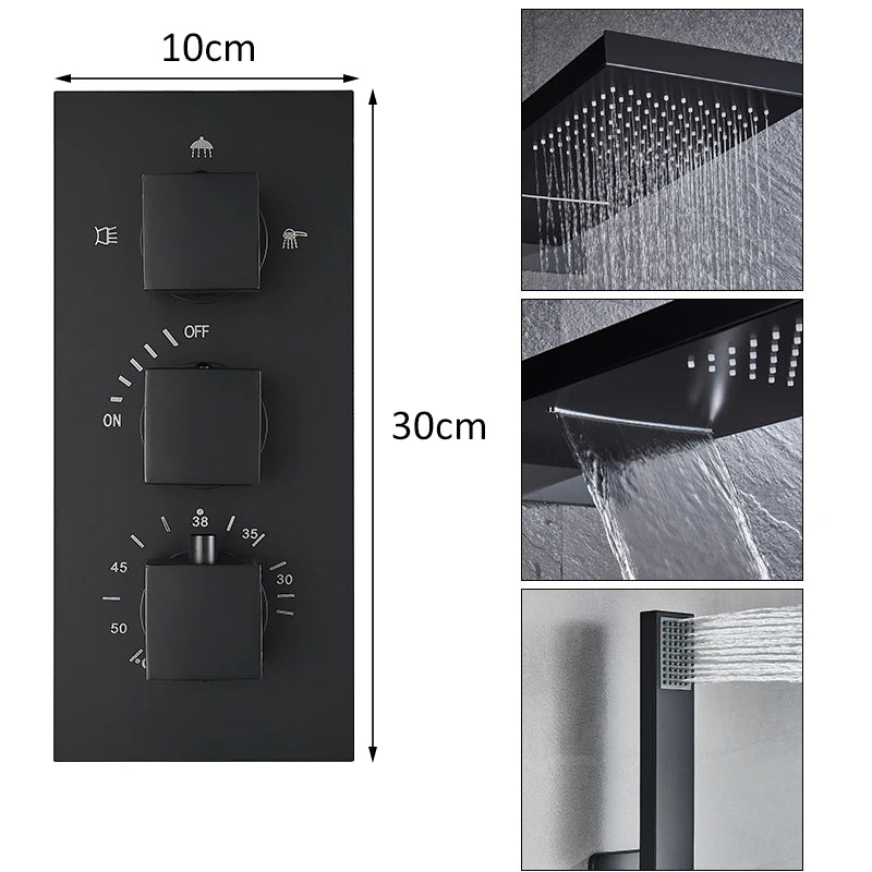 Quyanre Black Thermostatic Shower Faucets Set Rain Waterfall Shower Head With 3-way Thermostatic Mixer Tap Bath Shower Faucet