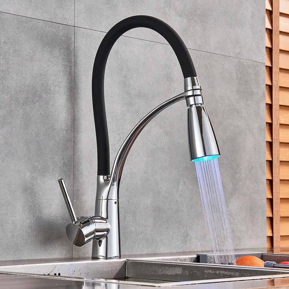 Black LED Kitchen Sink Faucet Swivel Pull Down Kitchen Faucet Sink Tap Mounted Deck Bathroom Mounted Hot and Cold Water Mixer
