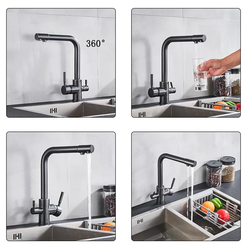 Black White Brass Luxury Pure Water Kitchen Faucet Dual Handle Hot and Cold Drinking Water 3-way Filter Kitchen Mixer Taps