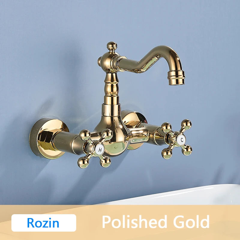 Rozin Black Basin Faucet Wall Mounted Dual Handles Bathroom Faucets Swivel Spout Antique Brass Crane Hot Cold Water Mixer Tap