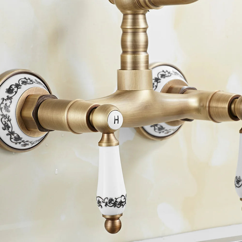 Wall Mount Antique Faucet Antique Brass Kitchen Faucet Dual Cold Hot Water Mixer Tap 360 Degree Rotation Kitchen Sink Faucet