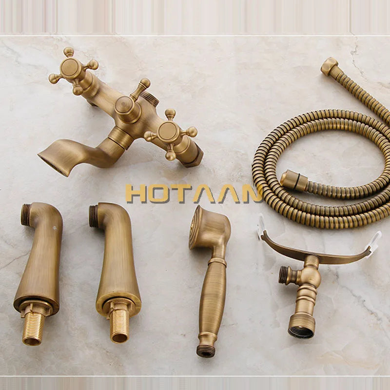 Solid Brass Made Deck Mounted Bath Tub Faucet Antique Bronze Bathtub Faucets with Hand Shower Dual Handle Mixer Crane