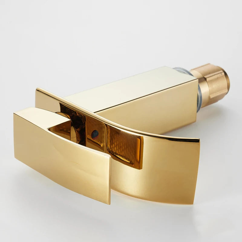 Basin Faucet Gold Waterfall Faucet Bathroom Faucet Deck Mounted Bathroom Toilet Basin Faucet Mixer Tap Hot and Cold Sink Faucet