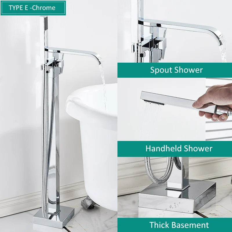 Quyanre Matte Black Square Bathtub Shower Faucets Floor Standing Faucet Hot Cold Water Shower Mixer Tap Bathroom Waterfall Mixer