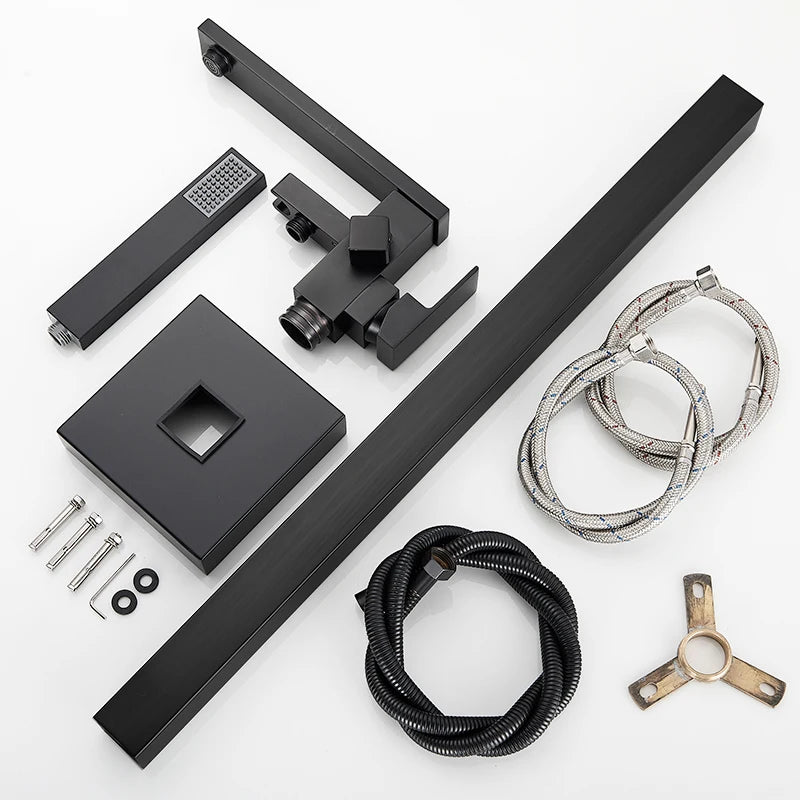 Quyanre Matte Black Square Bathtub Shower Faucets Floor Standing Faucet Hot Cold Water Shower Mixer Tap Bathroom Waterfall Mixer