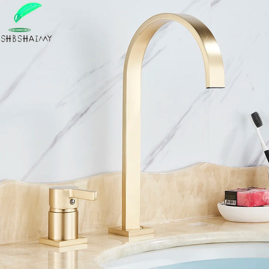 SHBSHAIMY Brushed Golden Basin Faucet Single Handle Widespread Sink Faucet Bathroom Mixer Tap Wide Spout Vessel Hot Cold Water